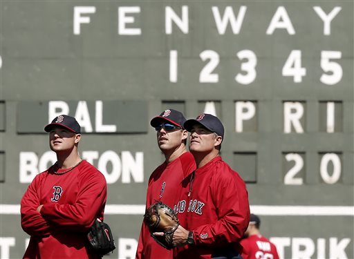Boston Red Sox manager John Farrell, right, watches batting practice with pitchers John Lackey, center, and Jon Lester prior to the game against the Baltimore Orioles at Fenway Park on Monday.