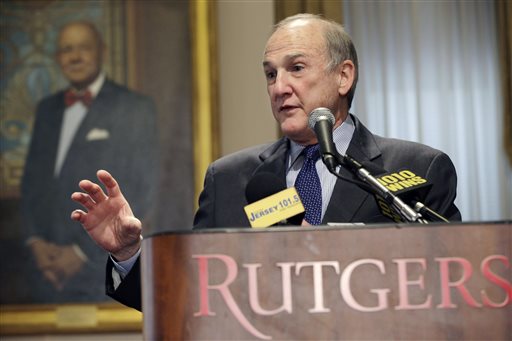 Rutgers University President Robert Barchi announced on Friday that he accepted the resignation of athletic director Tim Pernetti Barchi is visiting the school's Newark campus on Monday to hold a town hall meeting that had been planned for last week but was postponed after a video surfaced showing basketball Coach Mike Rice pushing players, throwing basketballs at them and berating them with invectives, including gay slurs.