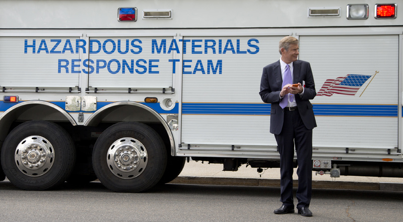 Doug McKelway with Fox News stands in front of a Capitol Police Hazardous Materials Response Team truck parked outside the Russell Senate Office Building on Capitol Hill in Washington on Wednesday after reports of suspicious packages discovered on Capitol Hill.