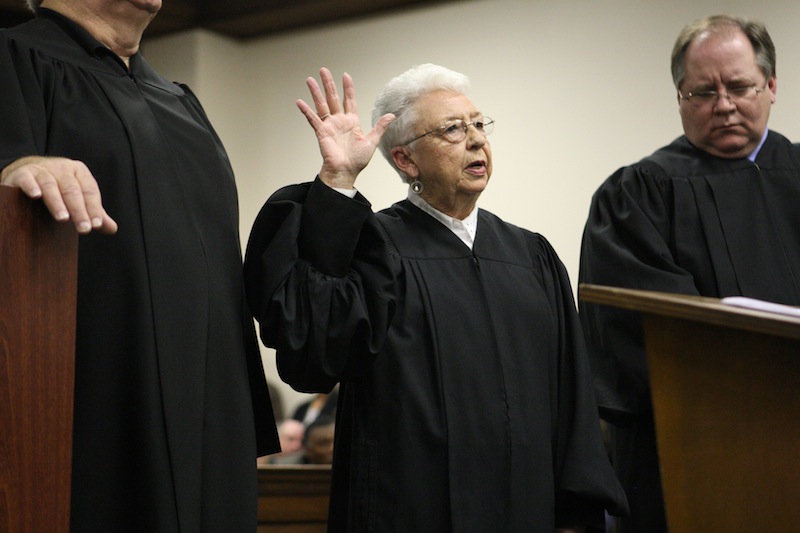 Sadie Holland takes the oath of ofice for Justice Court Judge during the swearing in ceremony in 2011 at the Lee County Justice Center in Tupelo. She was the first to receive letters laced with ricin. (AP Photo/Northeast Mississippi Daily Journal)