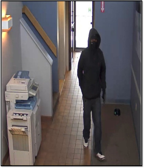 This security-camera image shows the alleged bank robber of TD Bank branch at 9 Market St. in South Portland. The bank was robbed Monday, April 22, 2013.