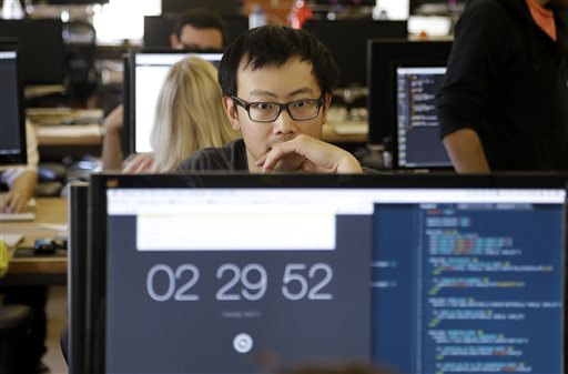 Student David Wen works during a class at Dev Bootcamp in San Francisco earlier this month.
