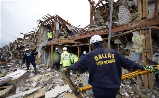 Emergency personnel on Thursday search the rubble of an apartment destroyed by an explosion at a fertilizer plant in West, Texas.