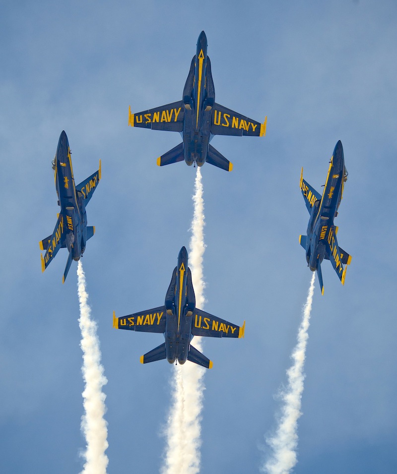 In this Saturday, March 23, 2013 file photo provided by the Florida Keys News Bureau, the U.S. Navy's Blue Angels perform their precision aerobatics over the Florida Keys during the Southernmost Air Spectacular at Naval Air Station Key West, in Key West, Fla. The commander of Naval air forces announced on Tuesday, April 9, 2013 that the U.S. Navy has canceled the remainder of the elite Blue Angels demonstration team's 2013 season because of federal cuts. (AP Photo/Florida Keys News Bureau, Rob O'Neal, File)
