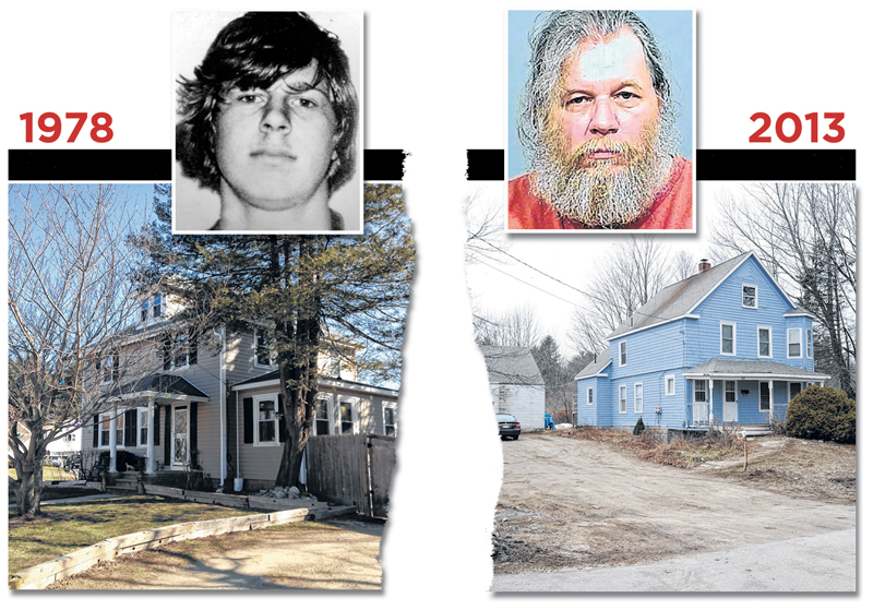 Gary Alan Irving, top left, is seen shortly after his arrest in September 1978 on suspicion that he raped three teenage girls at knifepoint in Massachusetts. He lived with his parents and siblings at this home on Myrtle Street in Rockland, Mass., left, at the time. The 52-year-old Irving, top right, was arrested as a fugitive from justice late last month. Irving, who lived at this South Street home in Gorham, right, had gotten married and raised two children, eluding authorities for almost 34 years.