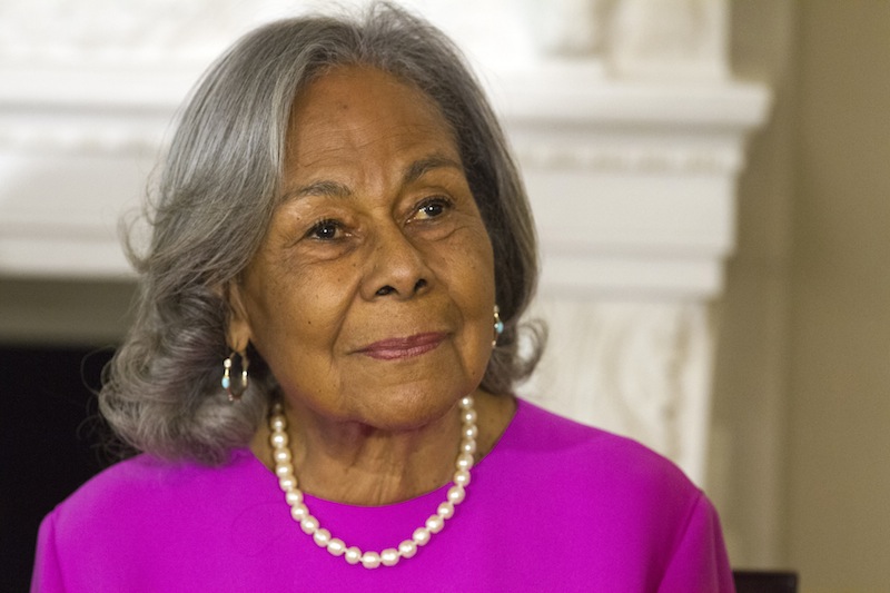 Rachel Robinson, 90, widow of baseball great Jackie Robinson attends a workshop for high school and college students with cast members of the movie "42," Tuesday, April 2, 2013, in the State Dining Room of the White House in Washington. (AP Photo/Jacquelyn Martin)