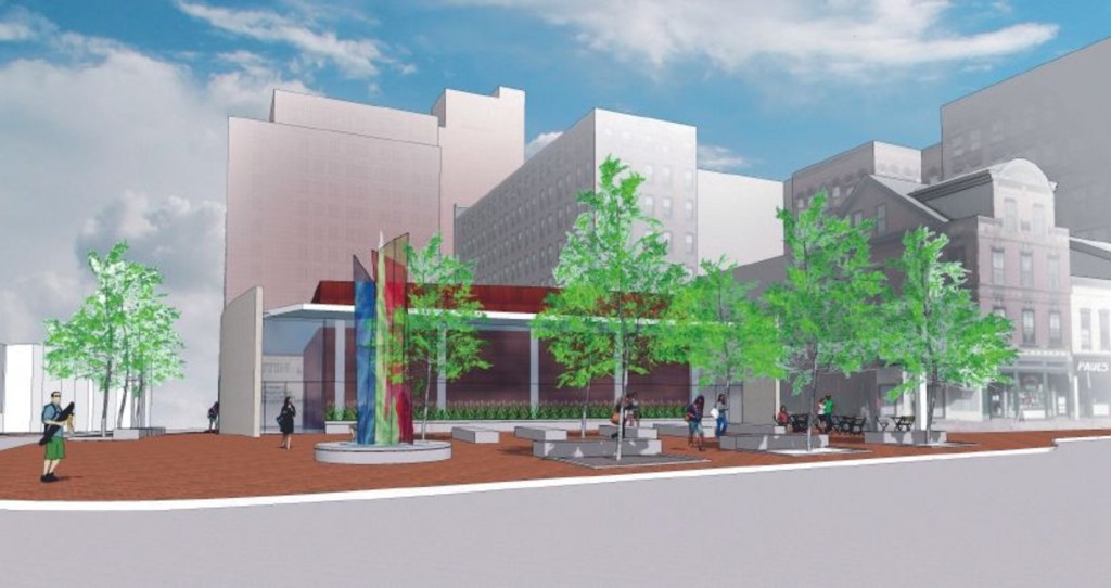 An architect’s rendering of the redesigned Congress Square Plaza proposal shows an addition to the nearby hotel and a park along Congress Street. Should the proposal advance, city officials and residents need to read it closely and make certain it leaves no room for the hotel to oversee or annex the park.