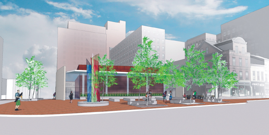 An architect's rendering of the redesigned Congress Square Plaza proposal shows a glass-and-stone addition to the nearby hotel, and a park with 40 feet of frontage along Congress Street.