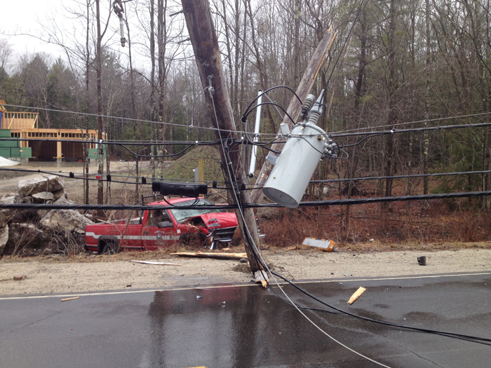 Downed utility pole on Longwoods Road in Falmouth. Photo by Lt. John F. Kilbride of the Falmouth Police Department.