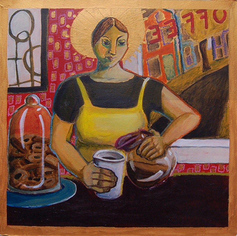 “Santa Barista,” oil pastel on acrylic by Alison Goodwin, from “Go Figure: An Invitational Figurative Show,” the current exhibition continuing through April 27 at Greenhut Galleries in Portland.