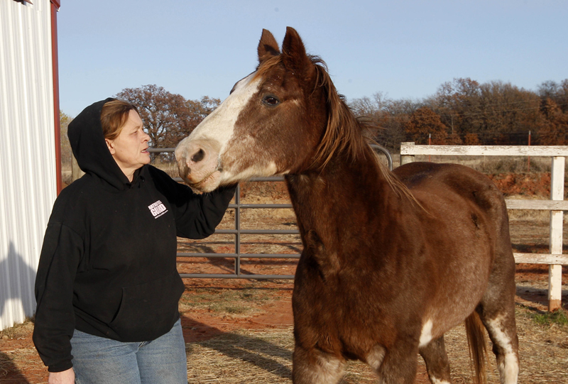 In this 2011 file photo, Cheri White Owl, founder of Horse Feathers Equine Rescue, is pictured with one of the 33 horses she is currently caring for in Guthrie, Okla. A bill to prohibit the slaughter of horses for human consumption and ban the transportation of horses through Maine to be slaughtered in Canada drew opposition from many other groups Tuesday, April 30, 2013 during a public hearing.