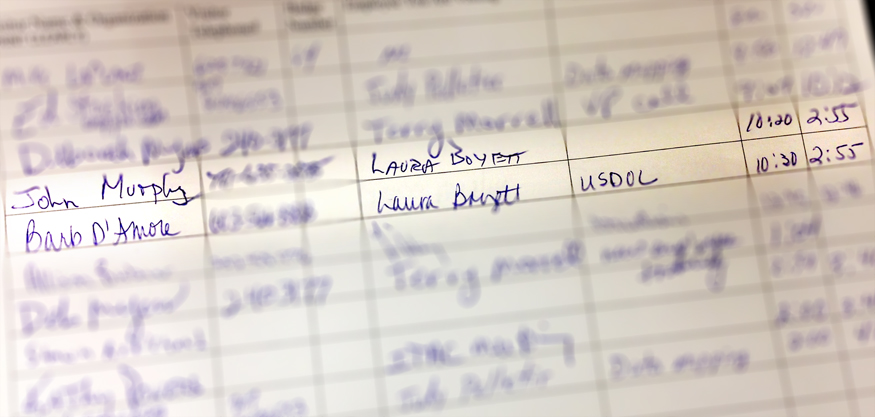 This highlighted image of the visitor's log Wednesday showed that two staff members from the U.S. Department of Labor had met with Laura Boyett, director of the state Bureau of Unemployment Compensation, for more than four hours on Tuesday. The same two federal employees met with Boyett on Wednesday morning.