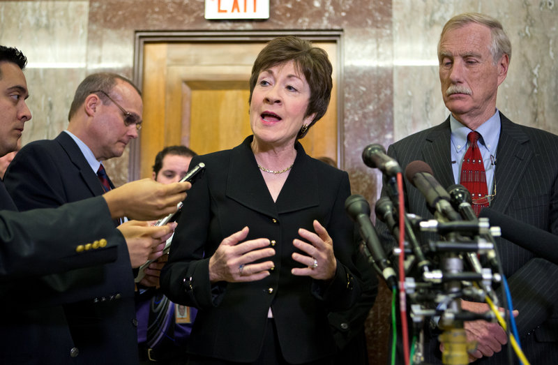 In this file photo, U.S. Sens. Susan Collins, R-Maine, and Angus King, I-Maine. Maine’s two U.S. senators expressed strong disappointment about Wednesday’s Senate defeat of a proposal to expand background checks on private gun sales.