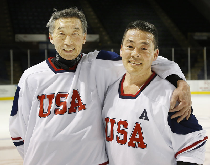Takahiro Sato, left, rooted for and admired Steve Tsujiura when Tsujiura starred for the Maine Mariners in the 1980s. Tsujiura is now a sales manager at Pape Chevrolet.