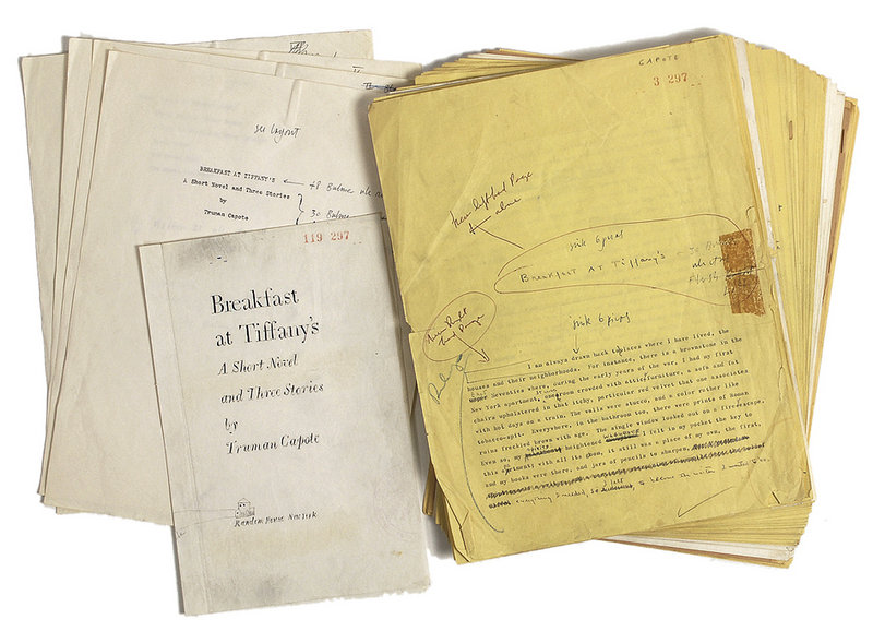 This undated photo provided by RR Auctions in Amherst, N.H., shows a 1958 typed manuscript of “Breakfast at Tiffany’s,” with hand annotations by Truman Capote, which will be featured with other Hollywood-themed items at auction later this month.