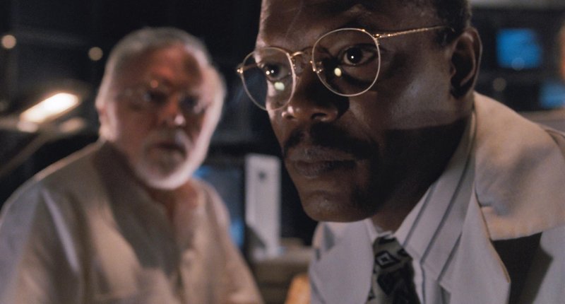 Richard Attenborough and Samuel L. Jackson in the Jurassic Park control room.
