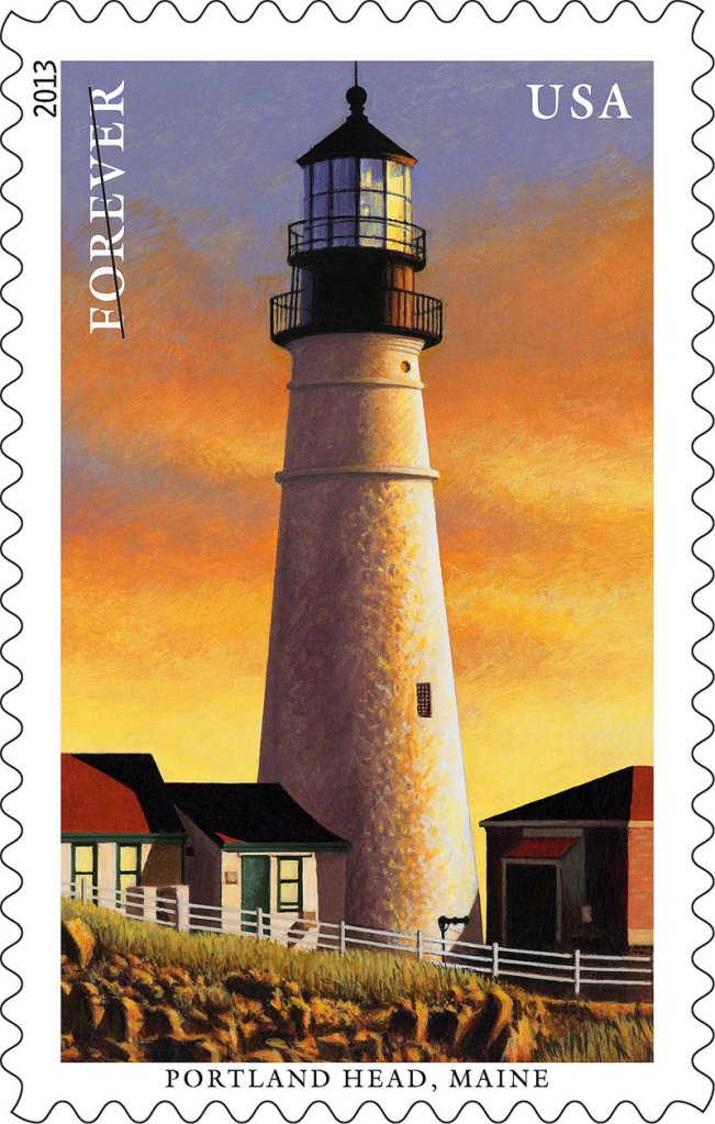 The Portland Head Light in Cape Elizabeth is one of five New England beacons to appear on postage stamps based on paintings by Howard Koslow of Toms River, N.J. The U.S. Postal Service plans to release the Portland Head stamp on July 13.
