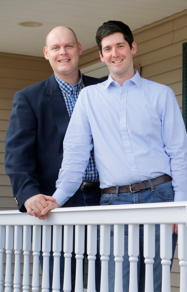 Kyle Bailey, left, and Andrew McLean have been planning their wedding since the passage of the same sex marriage law in November of last year. Photographed outside their Gorham home on Friday, March 29, 2013.