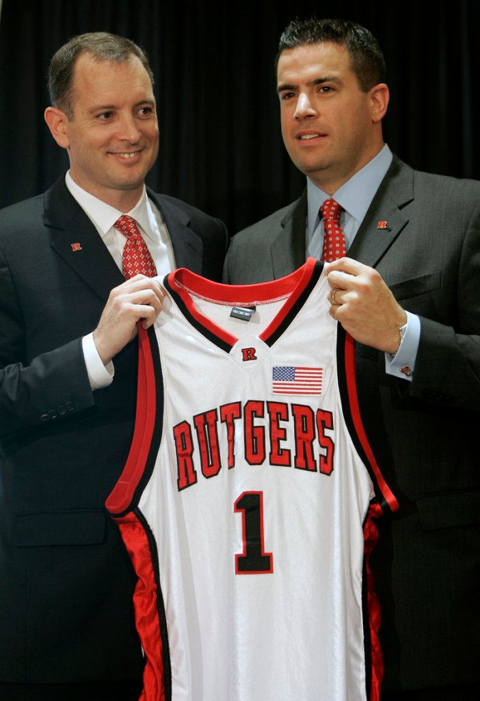 Rutgers coach Mike Rice, left, and athletic director Tim Pernetti in 2010