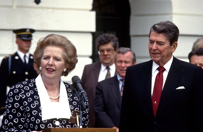 British Prime Minister Margaret Thatcher offers remarks while visiting President Ronald Reagan in 1987. After Iraq invaded Kuwait, she told President George H.W. Bush “this is not the time to go wobbly, George.”