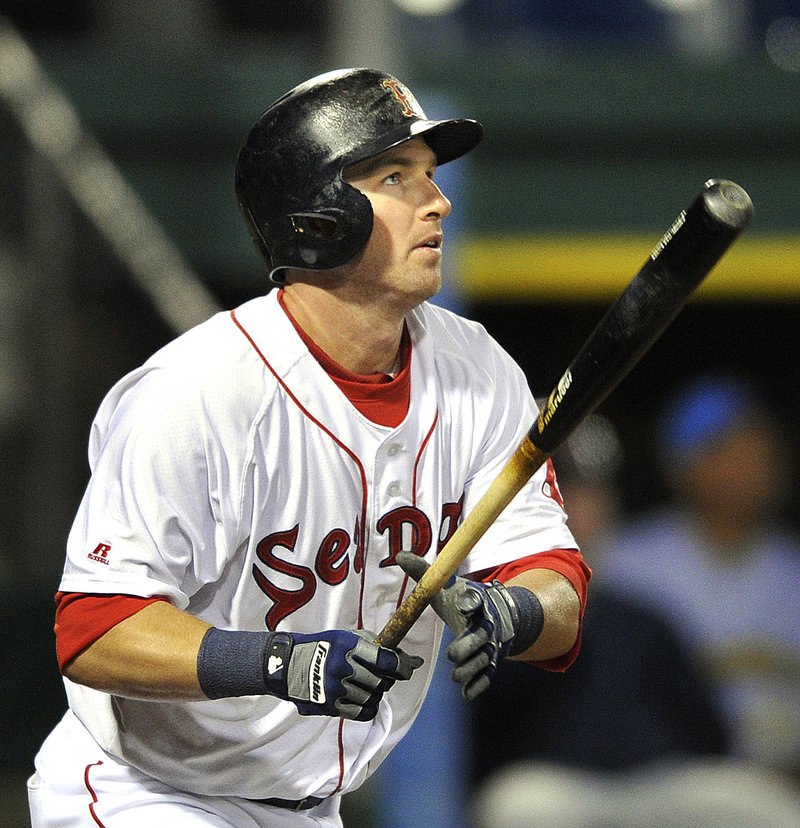 Stephen Drew hits a home run for the Sea Dogs in the sixth inning Monday night at Hadlock Field.
