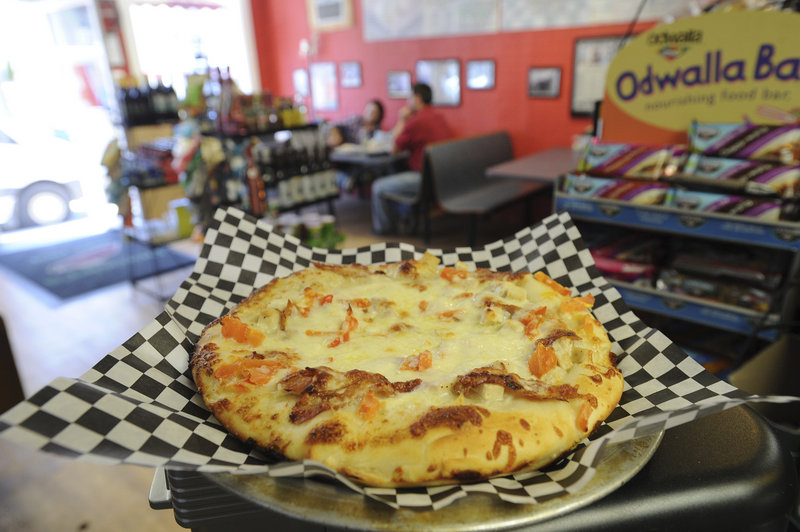 A chicken, bacon and ranch pizza served at Derosier's on Main Street in Freeport.