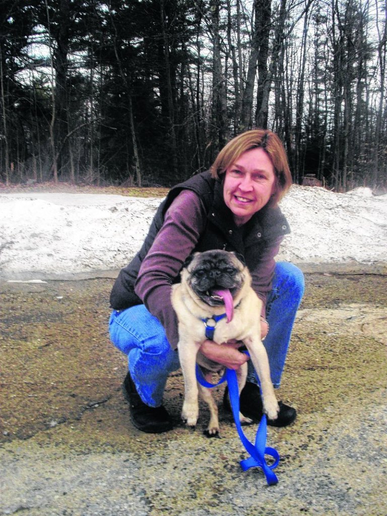 Heather Doolittle holds Teddy, a pug who’d been lost for three days before she found him in the woods.