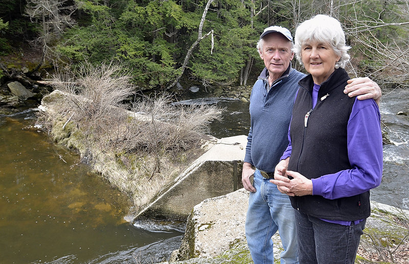 “We think that rather than having this relic sitting here as an obstacle, get rid of it and restore this section of the river,” said Fred Fauver, with his wife, Sharon Townshend, at the dam on Chandler Brook, which runs through their property.
