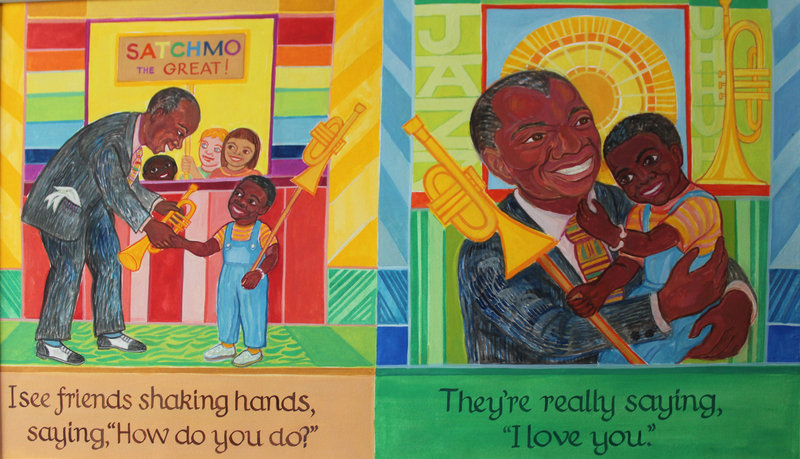 Illustrations by Ashley Bryan depicting a loving Louis Armstrong, from “Lines Converge, Colors Dance.”