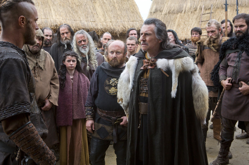 Gabriel Byrne, right, with Travis Fimmel in the History Channel series, “Vikings.” Byrne, a Norse chieftan in “Vikings,” also played a psychologist in the HBO drama “In Treatment.”