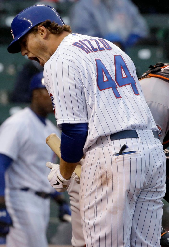 Anthony Rizzo of the Chicago Cubs reacts after being called out on strikes in the ninth inning of Thursday’s loss to the San Francisco Giants.