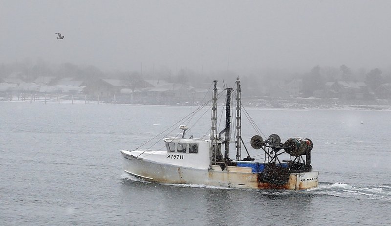 A groundfisherman makes his way back toward shore near the Portland Fish Pier in January. Groundfishermen who catch lobsters in their fishing gear are barred from selling them in Maine. A proposal to lift that ban would be a lifeline for Maine’s struggling fishermen.