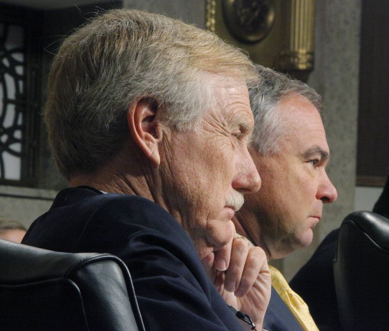 During a hearing of the Senate Armed Services Committee on Thursday, Sen. Angus King, I-Maine, and Sen. Tim Kaine, D-Va., listen as Gen. Philip M. Breedlove answers questions as part of his confirmation process. The freshman senators bonded quickly after arriving in Washington. Both are former governors and they serve on two committees together. Breedlove is nominated for the post of commander, United States European Command, and supreme allied commander, Europe.