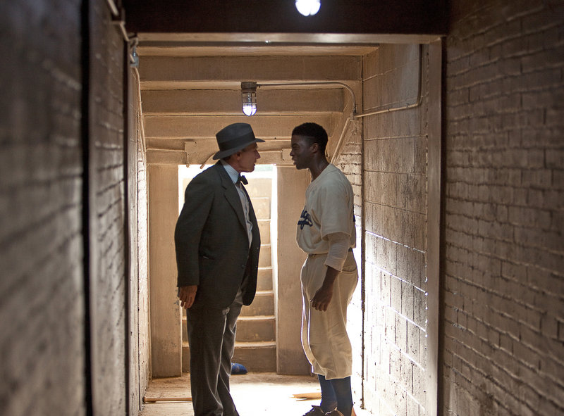 Harrison Ford and Chadwick Boseman in “42.”