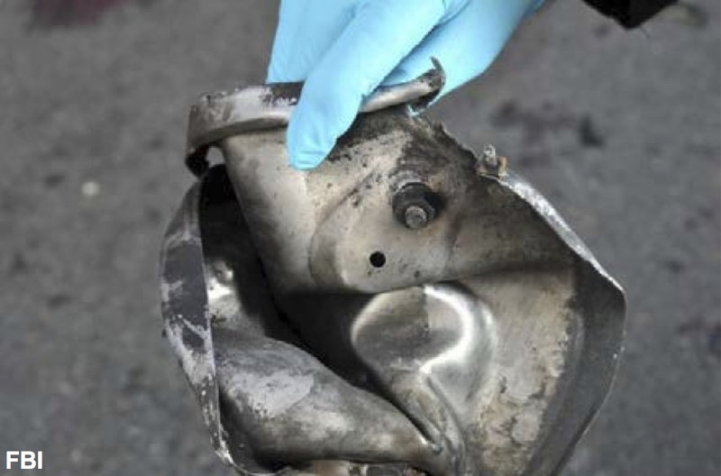 This FBI photo shows the twisted remains of a pressure cooker said to have contained one of the explosive devices set off in Boston.
