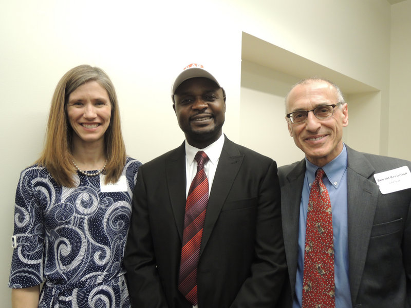 Jen Archer, president of the Immigrant Legal Advocacy Project board of directors; Maxwell Chikuta, a former ILAP client who spoke about his journey from the war-torn Republic of Congo to Portland; and ILAP Executive Director Ronald Kreisman at the CeleSoiree event