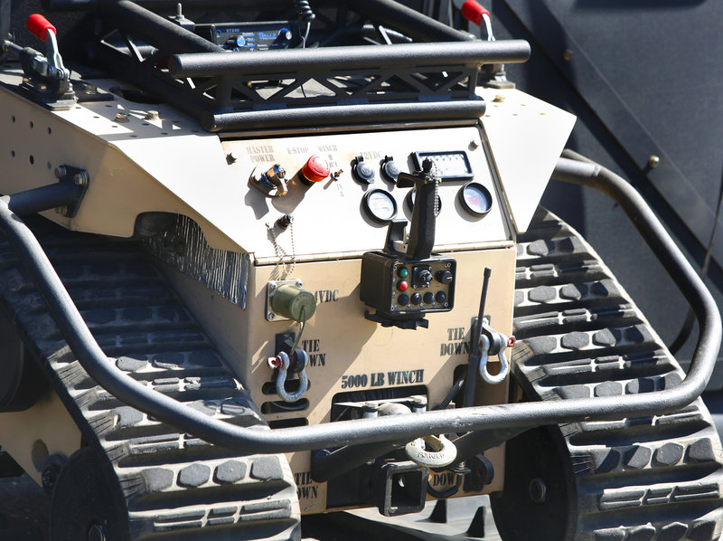 The controls, including the remote control, on the "SWAT Bot" at the Sanford Police Department on April 18, 2013. The "Swat Bot", built by Howe and Howe Technologies, is the world's first remote tactical approach vehicle.