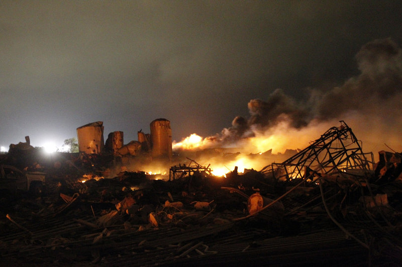 Reuters The remains of the plant continued to burn hours after the explosion shook the town of West, Texas, on Wednesday.
