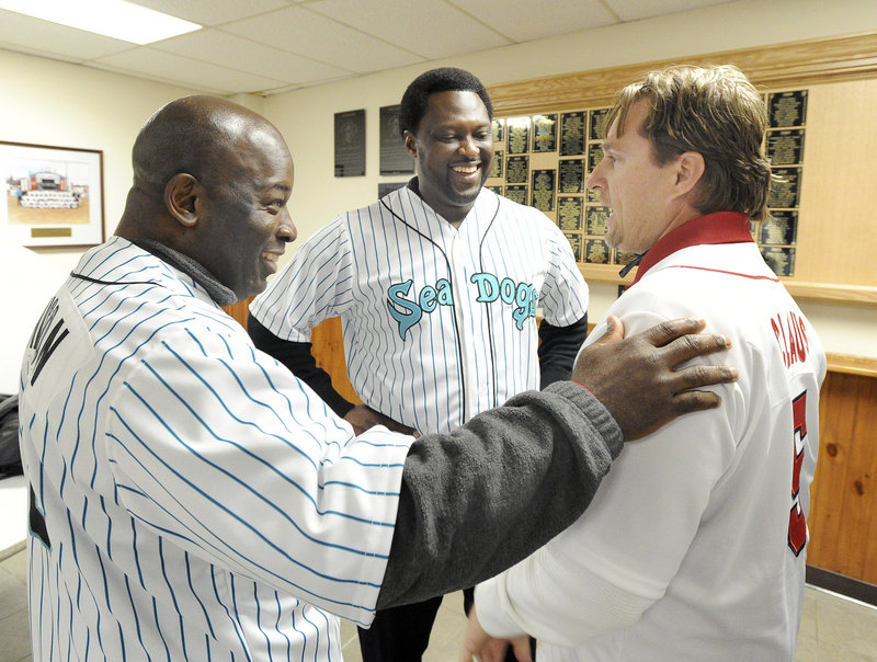 Turns out Todd Claus, right, a former Sea Dogs manager, played against Pookie Wilson, left, in college, and Charles Johnson, center, in high school. The things you find out when former players and managers come together.