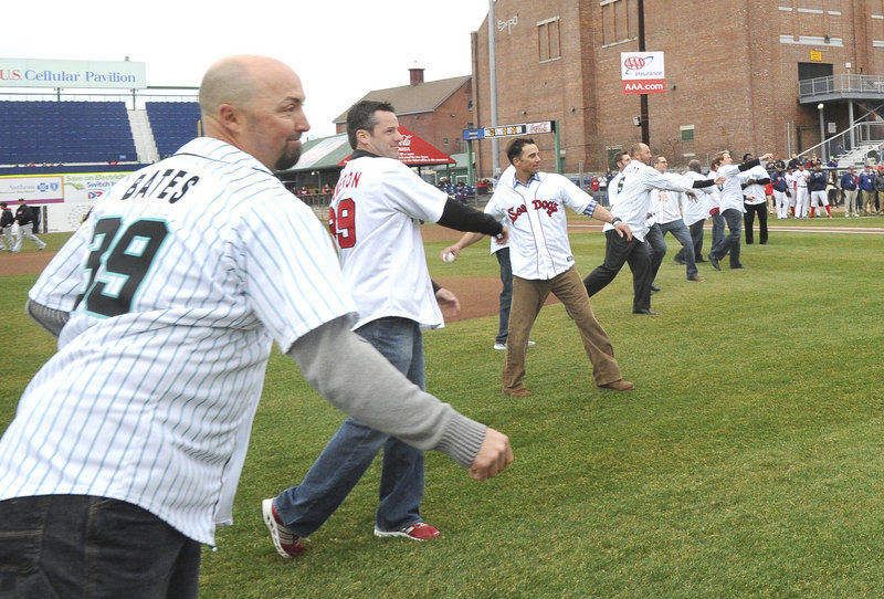 Fletcher Bates, Ryan Cameron and Glenn Reeves were among the former Sea Dogs who threw out first pitches Thursday night.