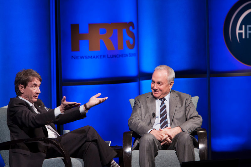 Actor and comedian Martin Short, left, talks about the career of "Saturday Night Live" producer Lorne Michaels, right, at an event last week in Beverly Hills, Calif.