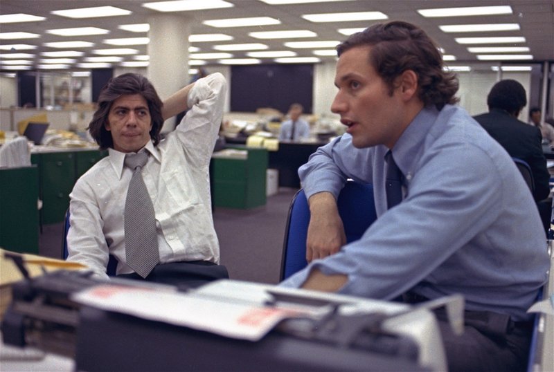 Carl Bernstein, left, and Bob Woodward, shown in The Washington Post newsroom on May 7, 1973, add their perspective to "All the President's Men Revisited."
