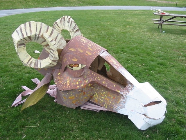 A ram puppet head made by Maine College of Art students for the 2006 Ebune parade in Portland.