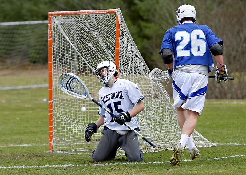 Westbrook goalie Alex LeBlanc reacts after giving up a goal to Kennebunk’s Jacob Boothby in the second quarter.