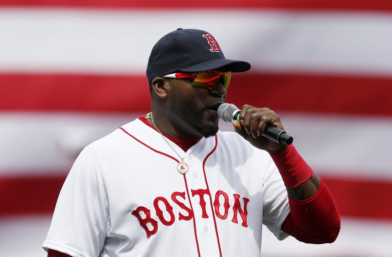 David Ortiz draws cheers as he urges Red Sox Nation to “stay strong” during a spontaneous and rousing speech at Fenway Park before the start of Saturday’s game against the Kansas City Royals.