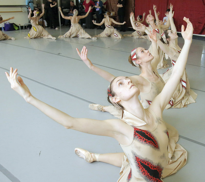 Erica Diesl, Lindsay Cregier, Kaleigh Natale, Megan McCoy and fellow dancers rehearse at Portland Ballet for “The Armed Man: A Mass for Peace.”