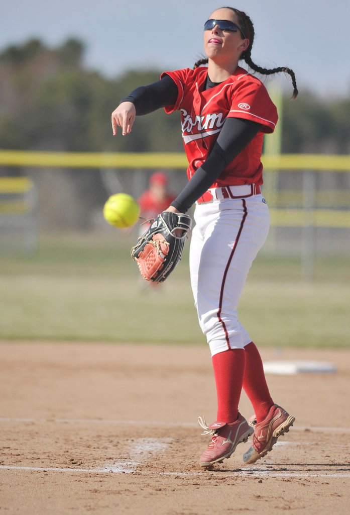 Scarborough’s Erin Giles delivers a pitch during the Red Storm’s 15-5 win at South Portland on Monday, in an early matchup of softball powerhouses.