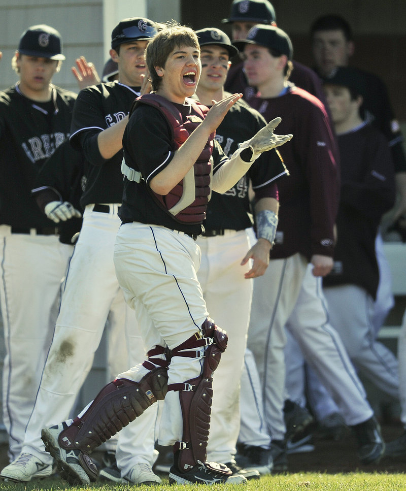 Greely catcher Matt Ames leads the cheers Monday as the Rangers open their baseball season with a 10-0 win over Fryeburg Academy at Cumberland.