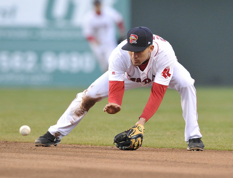 Derrick Gibson shows textbook feet-and-hands form at second base for the Sea Dogs, fielding a grounder in the third inning of Monday’s win at Hadlock.