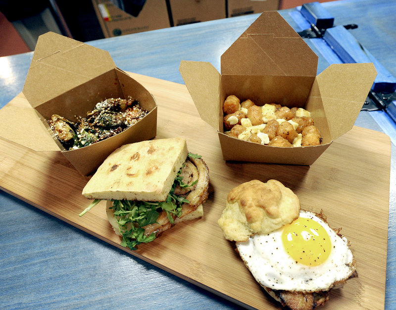 Fried brussels sprouts, the Porchetta sandwich, Tot-tine and the Red Eye Breakfast at Blue Rooster Food Co.